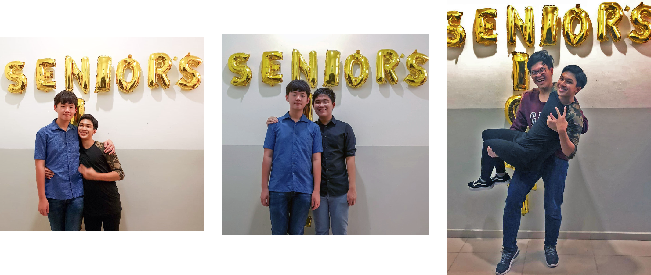 Three photos of pairs of teenage boys posing in front of gold balloon letters spelling SENIORS.